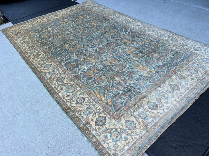 6x8 (180x275) Handmade Afghan Rug | Charcoal Grey Cream Beige Chocolate Light Brown Taupe Teal Tan | Hand Knotted Flatweave Oushak Boho Wool