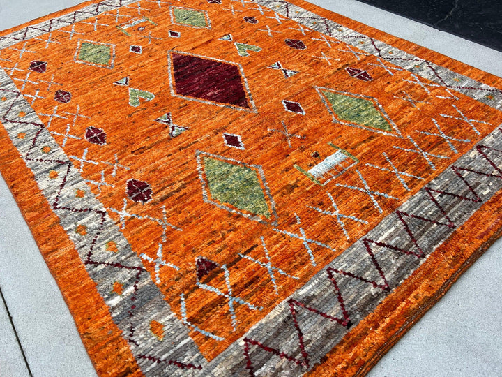 7x10 (215x305) Handmade Afghan Moroccan Rug | Orange Grey Blood Brick Red Maroon Lime Pine Green Powder Blue Ivory | Wool Ourain