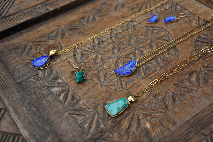 Handmade Afghan Lapis Lazuli Gemstone Cat Pendant Necklace with Gold Chain Accents Adjustable Fair Trade Blue Jewelry Marbled Gift for Her