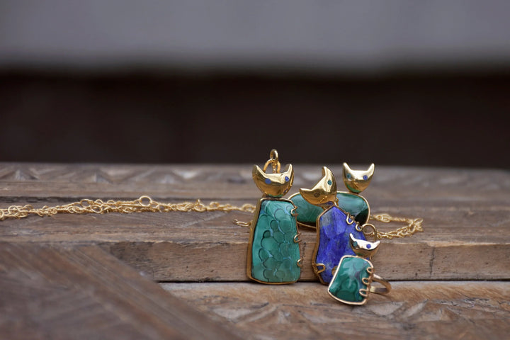 Handmade Afghan Lapis Lazuli Gemstone Cat Pendant Necklace with Gold Chain Accents Adjustable Fair Trade Blue Jewelry Marbled Gift for Her