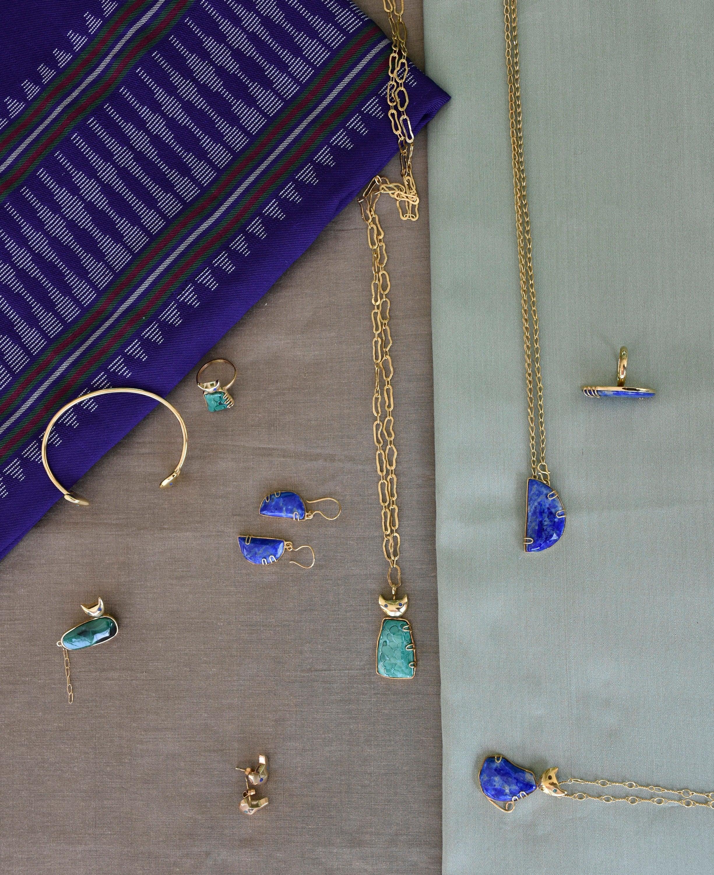 Handmade Afghan Lapis Lazuli Gemstone Cat Pendant Necklace with Gold Chain Accents Adjustable Fair Trade Blue Jewelry Marbled Gift for Her