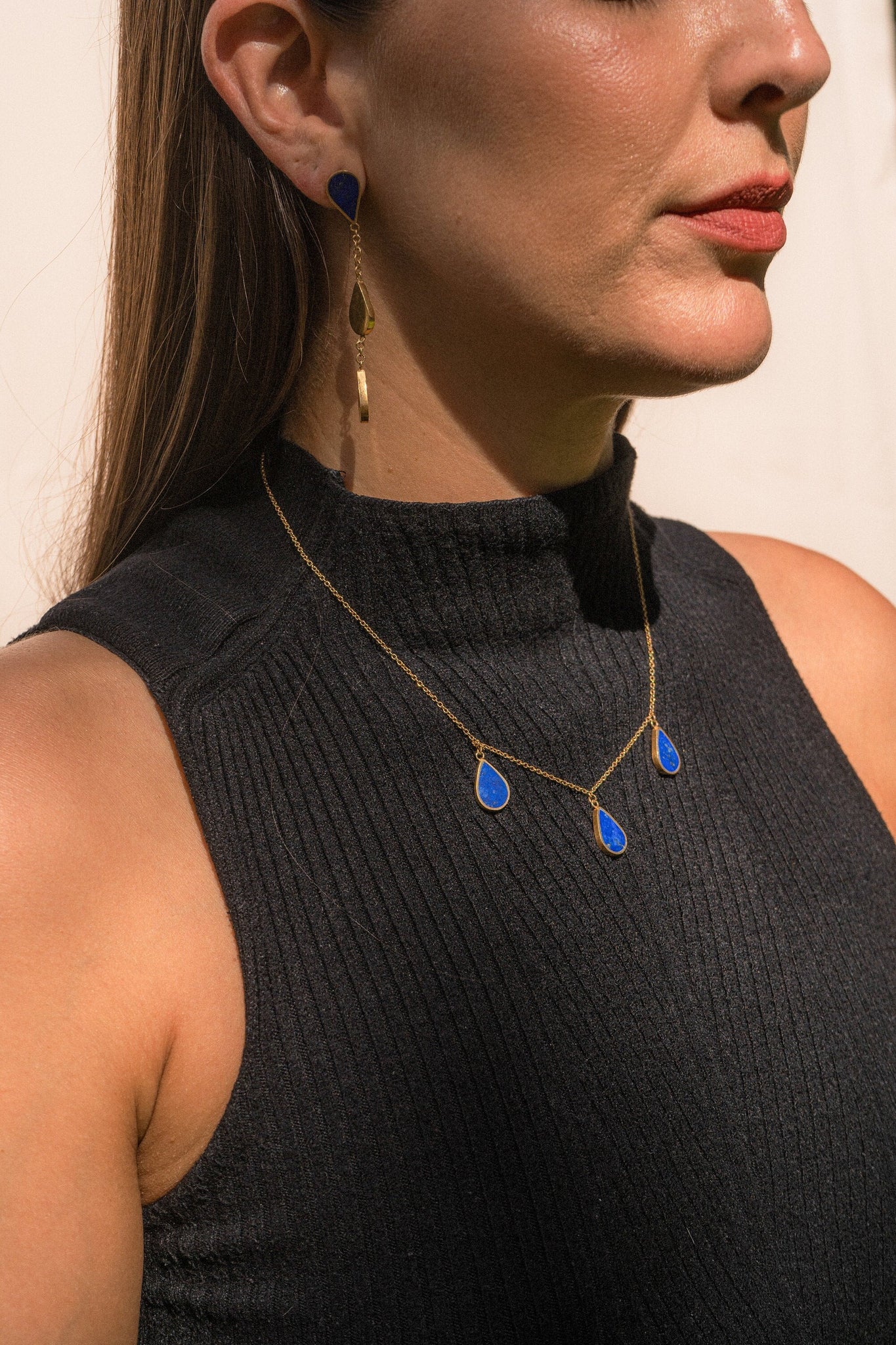 Handmade Afghan Blue Gemstone Lapis Lazuli Three Drop Gold Chain Necklace Elegant Inspired Jewelry Bridesmaid Chic Bridal Gift for Her