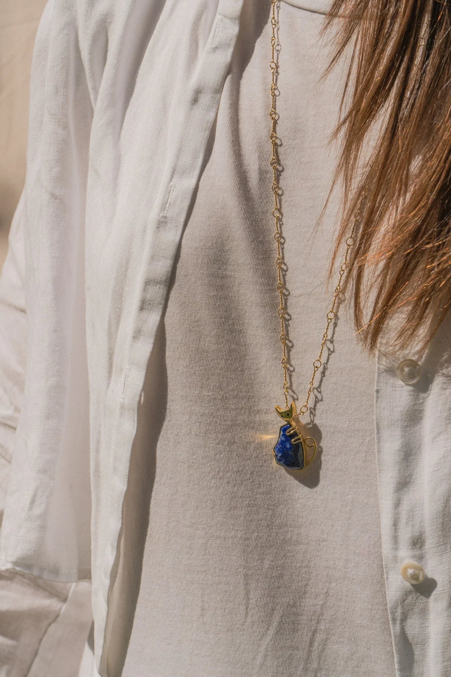 Handmade Afghan Lapis Lazuli Gemstone Cat Pendant Necklace with Gold Chain Accents Adjustable Fair Trade Blue Jewelry Marbled Gift for Her