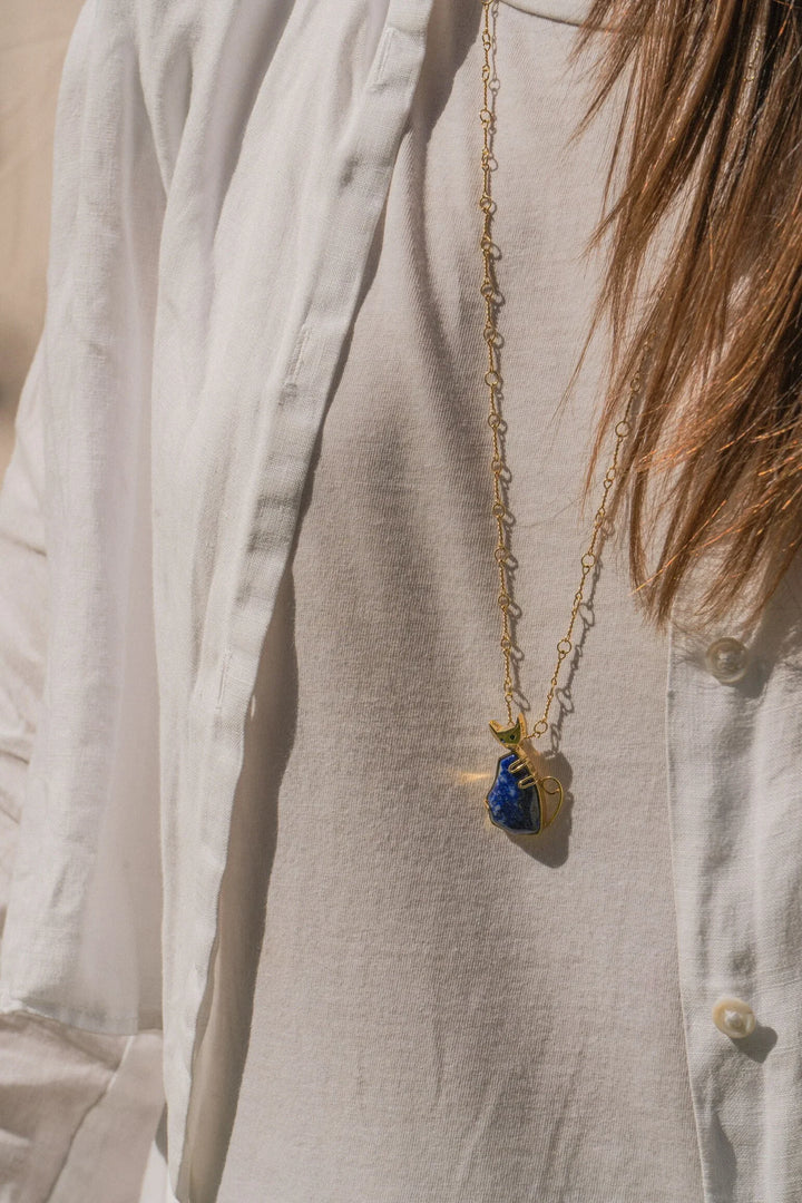 Handmade Afghan Lapis Lazuli Gemstone Cat Pendant Necklace with Gold Chain Accents Adjustable Fair Trade Blue Jewelry Marbled Gift for Her