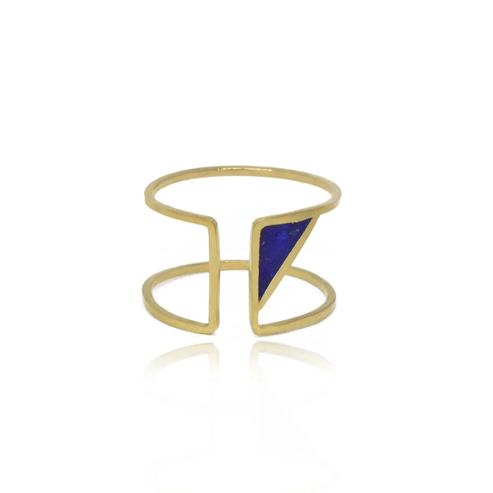 Handmade Afghan Blue Gemstone Lapis Lazuli Frame Ring Gold Plated Brass Elegant Inspired Jewelry Nature Abstract Geometric Gift for Her