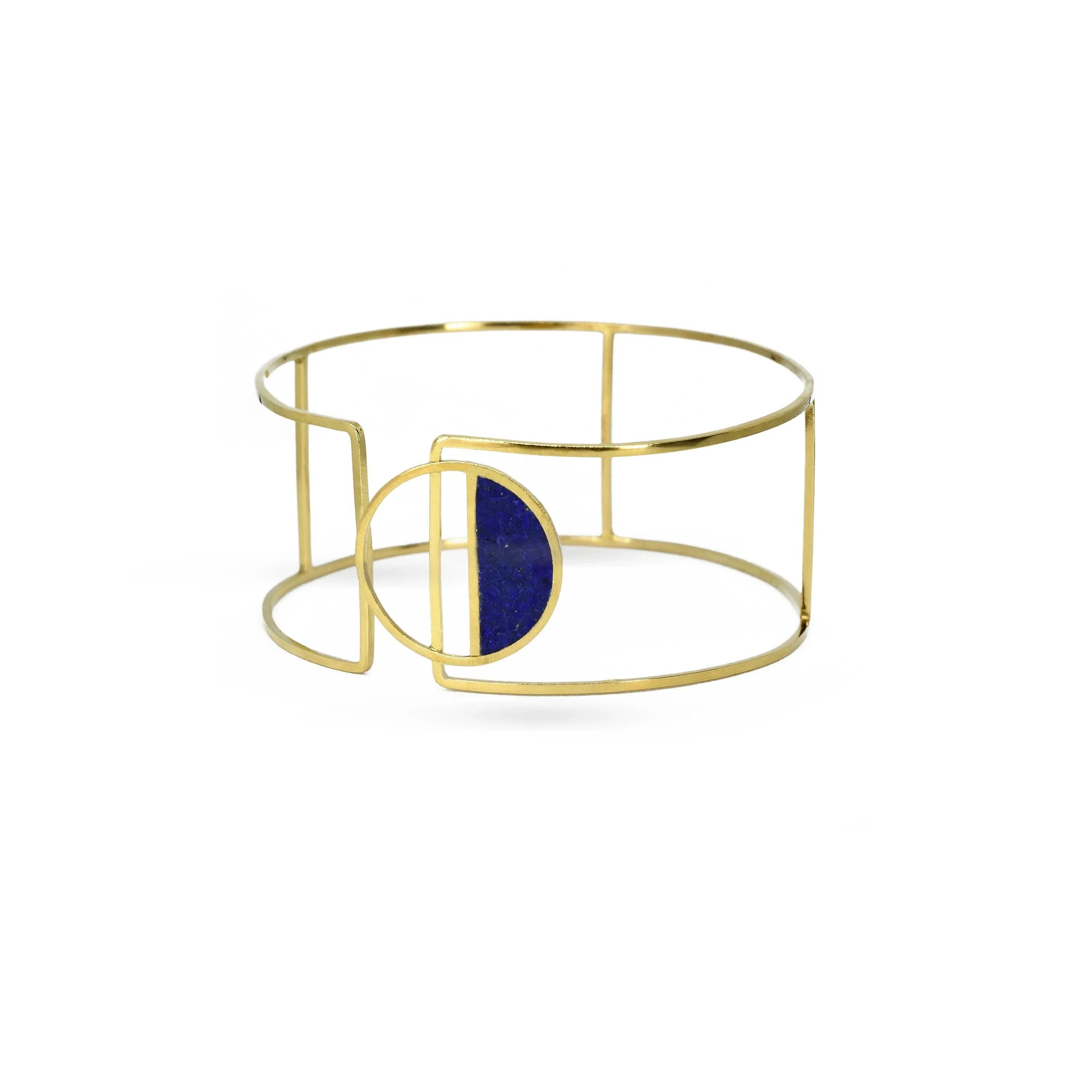 Handmade Afghan Blue Gemstone Lapis Lazuli Cuff Bracelet Gold Brass Elegant Inspired Jewelry Adjustable Abstract Geometric Gift for Her