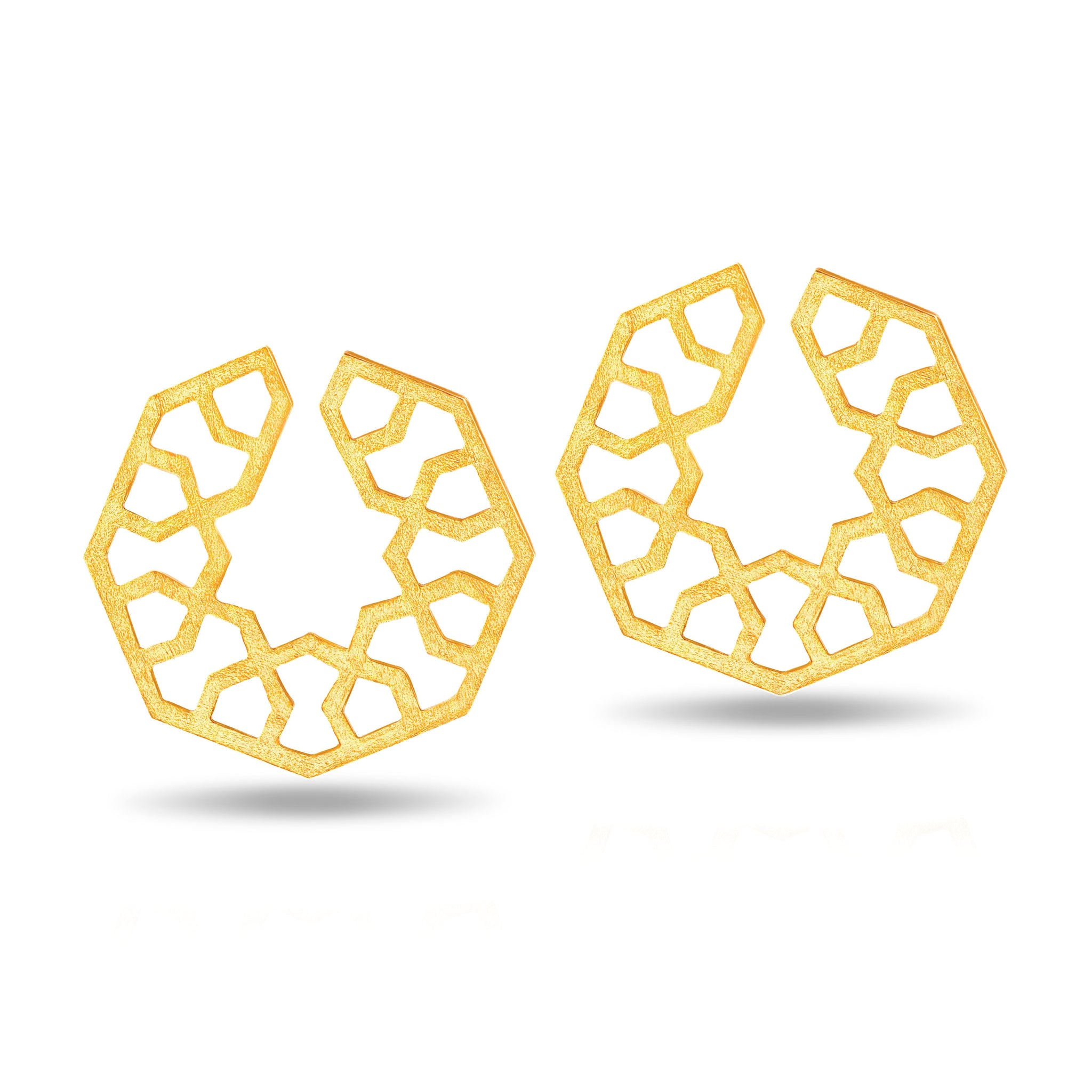 Handmade Afghan Gold Plated Brass Hoop Earrings Geometric Elegant Inspired Jewelry Tessellated Motif Sun Abstract Gift for Her