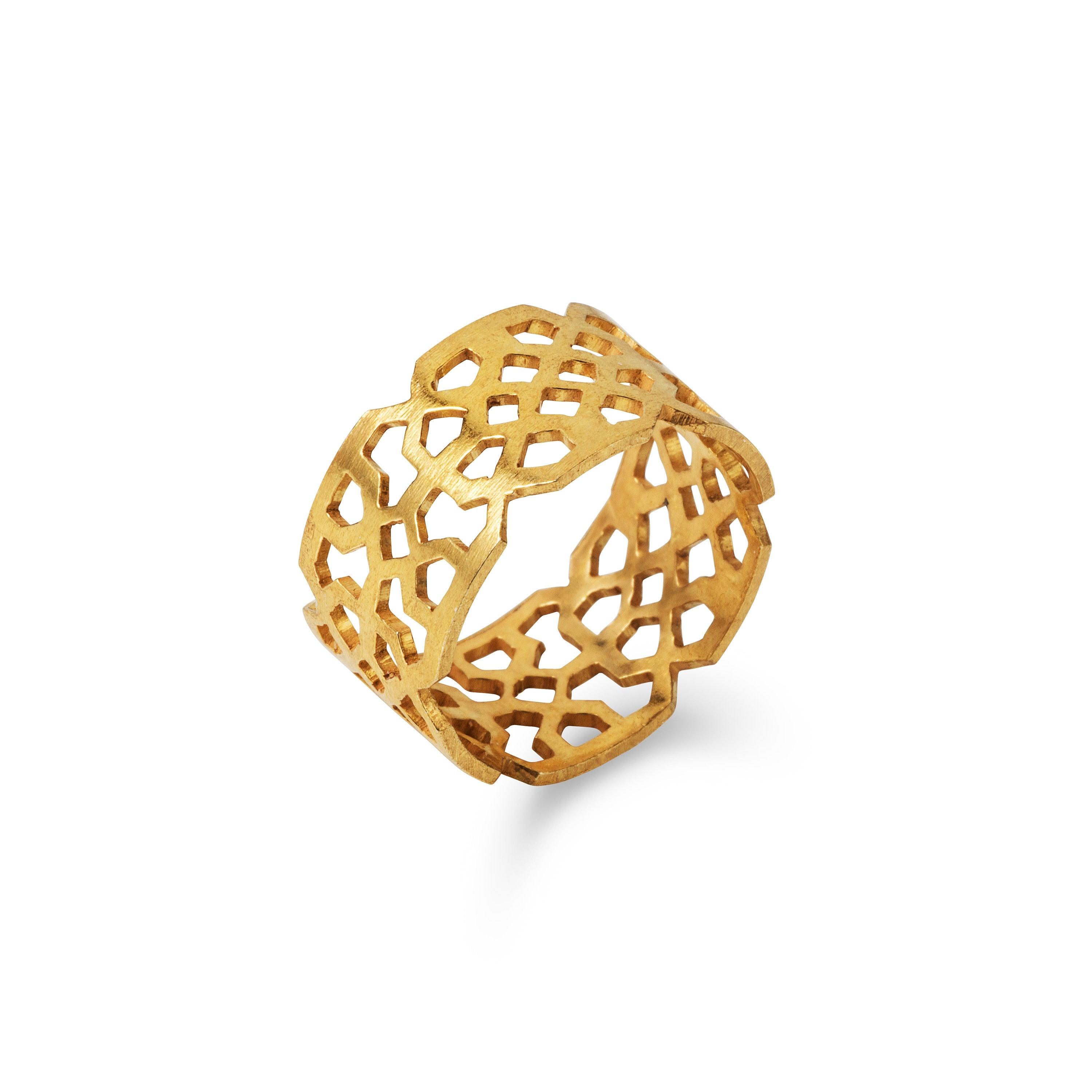 Handmade Afghan Gold Plated Brass Ring Elegant Inspired Jewelry Tessellated Geometric Motif Sun Abstract Gift for Her