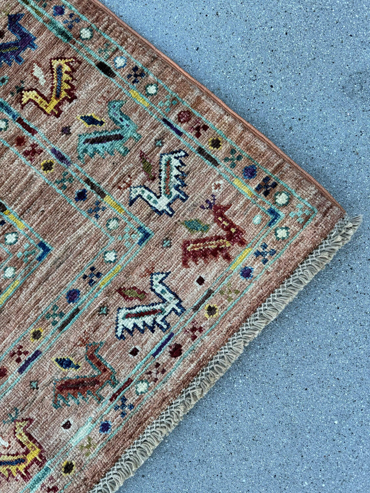 6x8 (180x245) Handmade Afghan Rug | Light Mauve Ivory Brick Red Denim Blue Teal Turquoise Cornsilk Honey Eggplant Black Brown White | Gabbeh