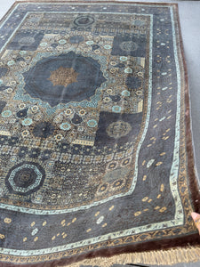 7x10 - 8x10 Handmade Afghan Rug | Charcoal Gray Purple Taupe Brass Aqua Cream Beige Soft Blue Teal Accents | Mamluk Medallion Wool Tribal