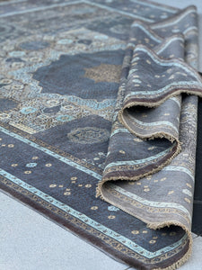 7x10 - 8x10 Handmade Afghan Rug | Charcoal Gray Purple Taupe Brass Aqua Cream Beige Soft Blue Teal Accents | Mamluk Medallion Wool Tribal