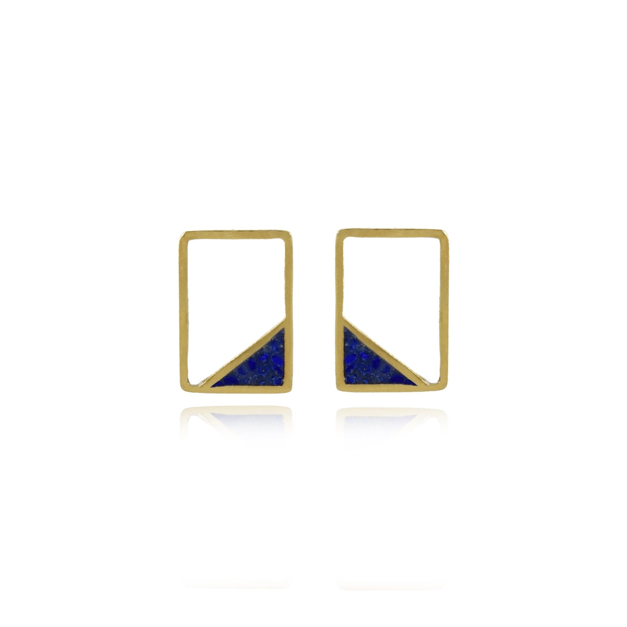 Handmade Afghan Blue Gemstone Lapis Lazuli Stud Frame Earrings Gold Brass Elegant Inspired Jewelry Nature Square Abstract Gift for Her