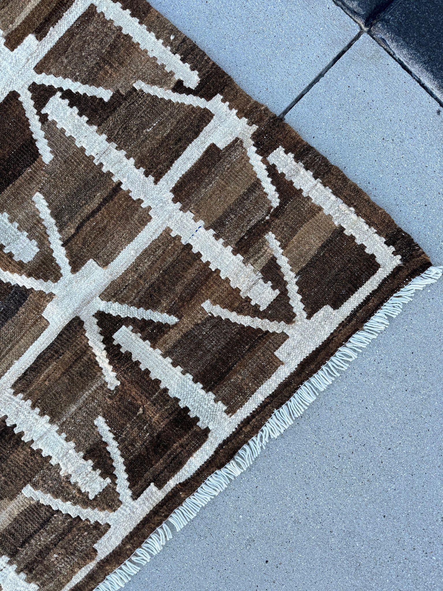8x10 (244x251) Handmade Afghan Kilim Rug | Chocolate Mocha Coffee Brown Cream White Ivory | Geometric Wool Flatweave