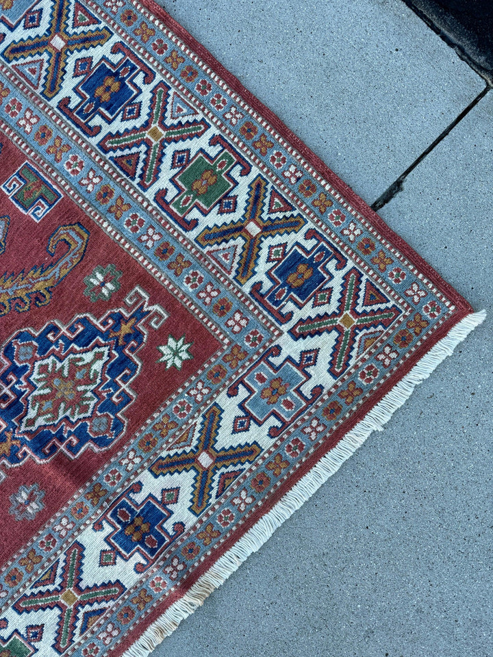 6x10 (180x305) Handmade Afghan Soumak Rug | Brick Red Navy Royal Sky Blue White Forest Green Cream Caramel | Flatweave Wool Kilim