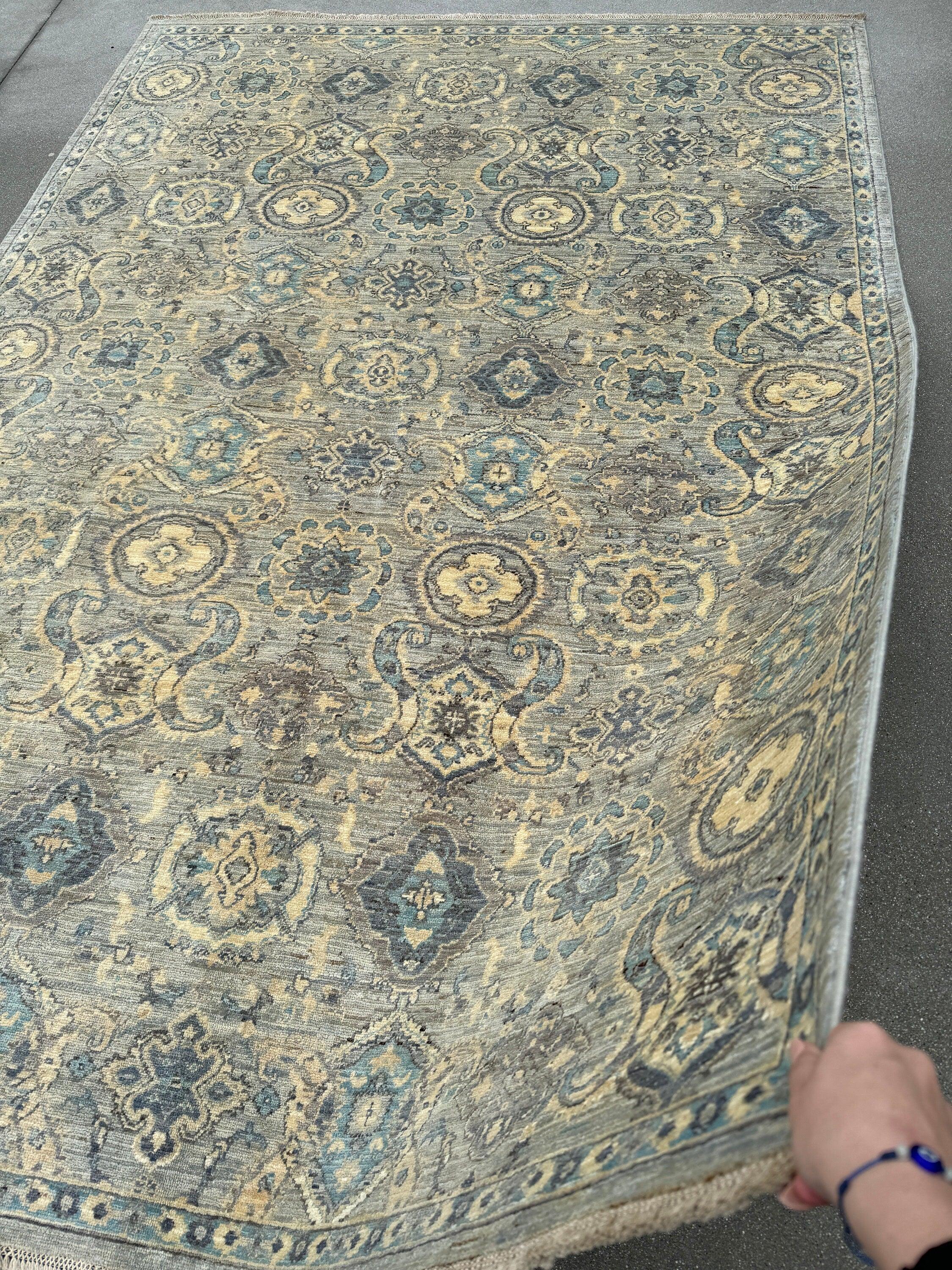 6x8-9 (182x260) Handmade Afghan Rug | Cream Denim Baby Blue Grey Teal Gold Beige Taupe | Wool Medallion Hand Knotted