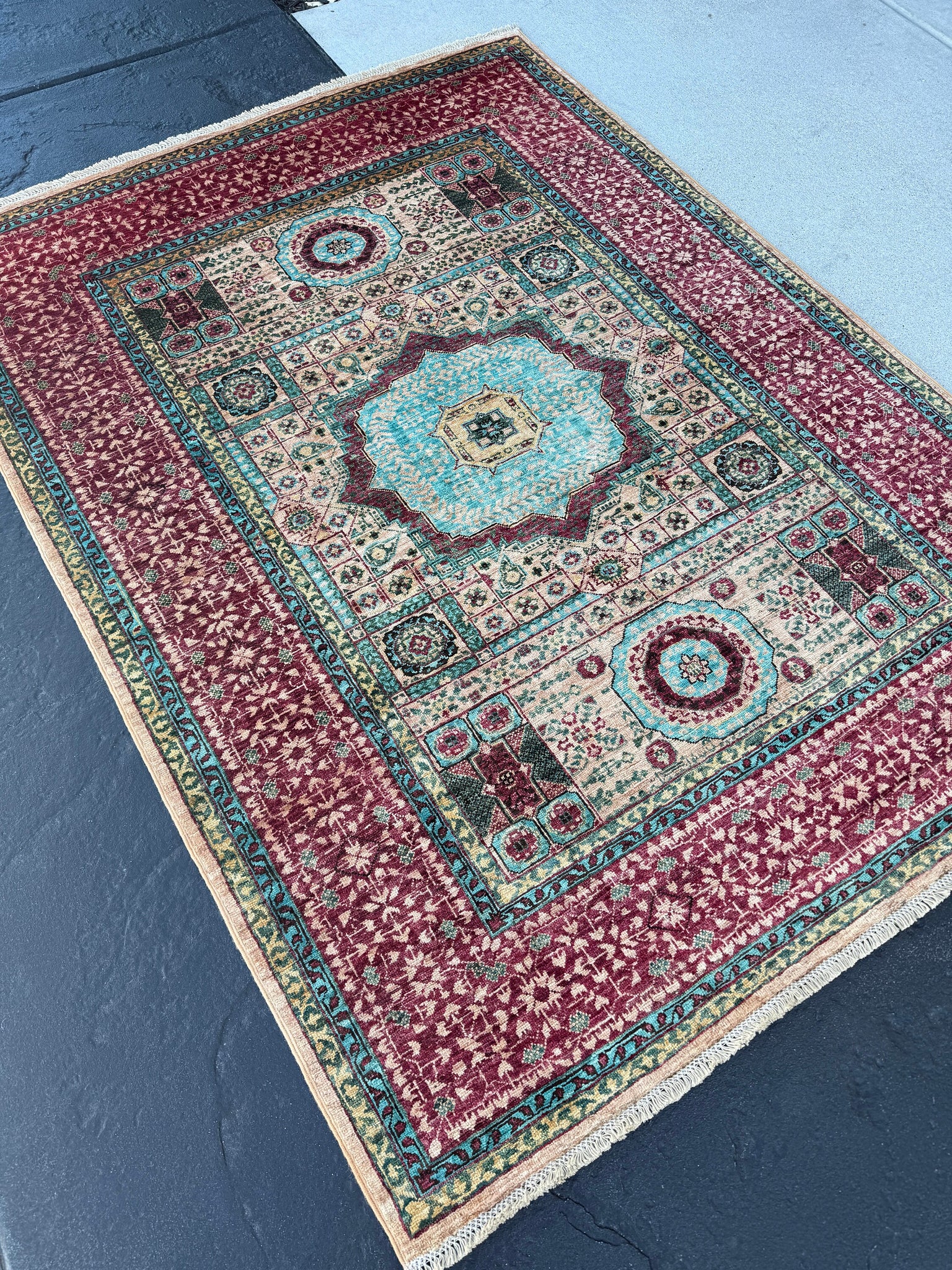 4x6 (120x180) Handmade Afghan Rug | Watermelon Red Cream Coral Emerald Pistachio Sea-grass Cream | Wool Persian Knotted Mamluk Traditional