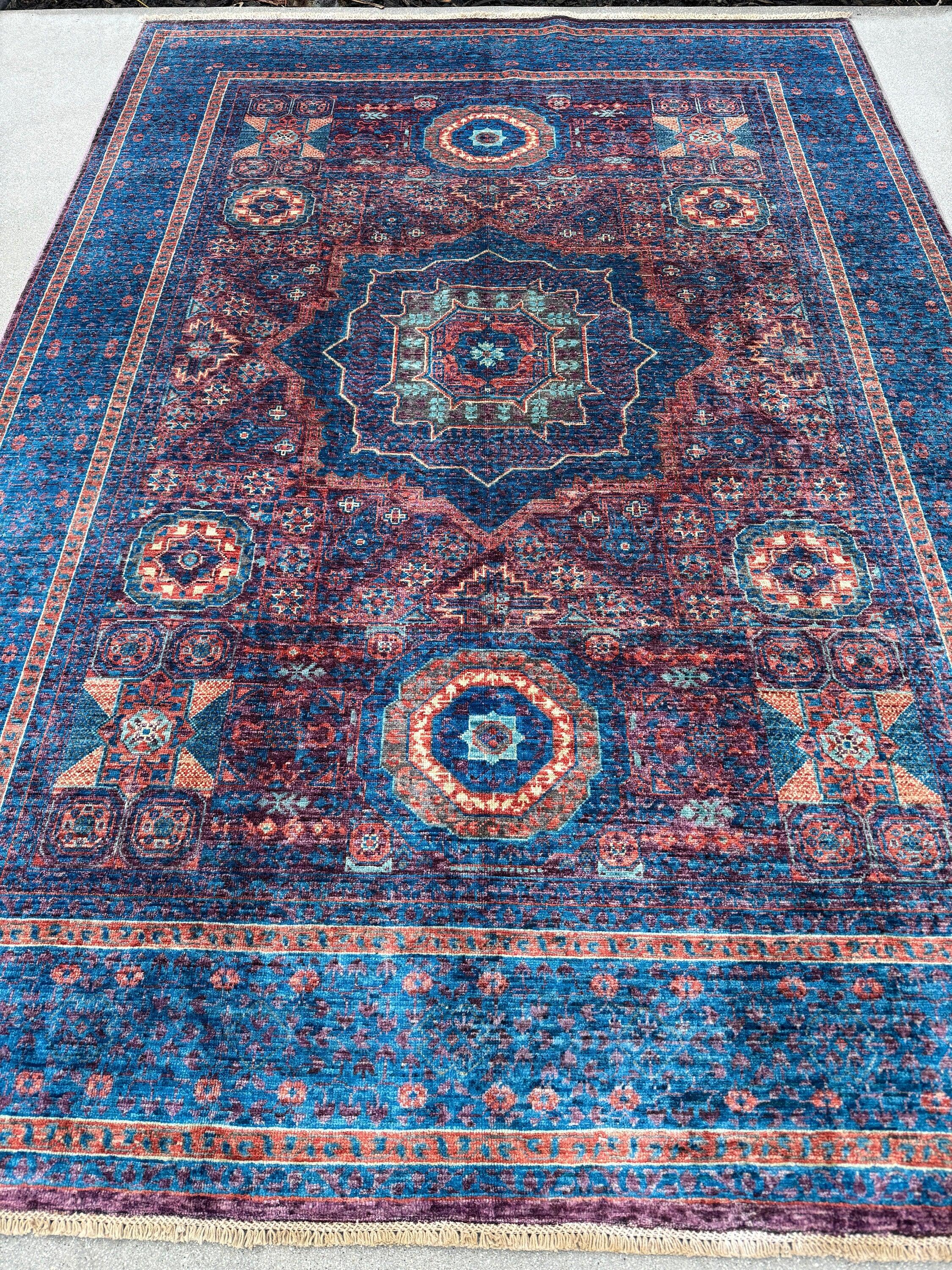 6x8 (182x244) Handmade Afghan Rug | Indigo Sapphire Aqua Blue Rust Orange Mauve Lilac Purple | Wool Mamluk Hand Knotted