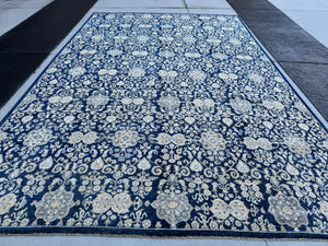 11x17 (213x518) Handmade Afghan Rug | Navy Powder Sky Blue Cream Beige White | Wool Hand Knotted Floral
