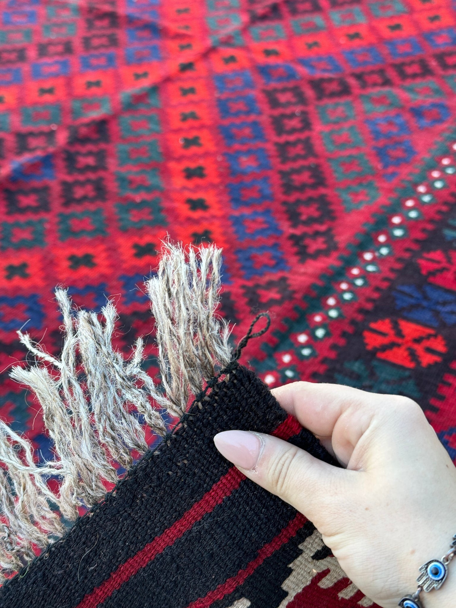 7x10 (210x322) Handmade Afghan Kilim Rug | Crimson Cherry Red Navy Midnight Blue Forest Green White Black | Flatweave Wool Tribal Bold