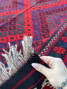 7x10 (210x322) Handmade Afghan Kilim Rug | Crimson Cherry Red Navy Midnight Blue Forest Green White Black | Flatweave Wool Tribal Bold