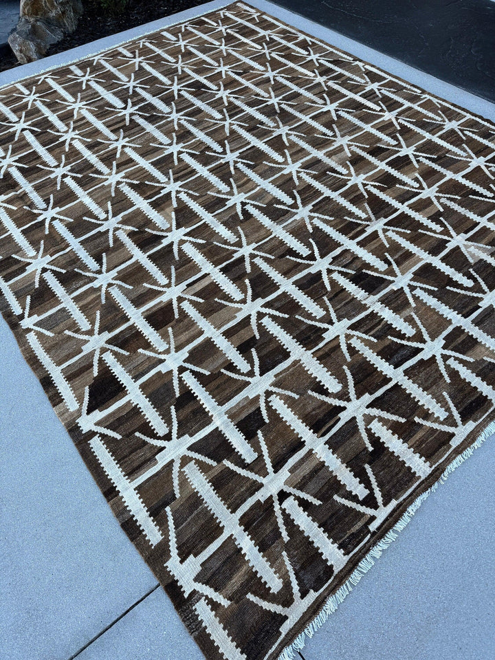 8x10 (244x251) Handmade Afghan Kilim Rug | Chocolate Mocha Coffee Brown Cream White Ivory | Geometric Wool Flatweave