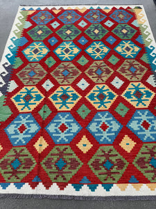 5x7 Handmade Afghan Kilim Rug | Crimson Red Sapphire Sky Blue Sage Forest Green Peach Coral Orange Chocolate Brown Cream White | Wool