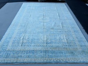 8x11 (240x300) Handmade Afghan Rug | Denim Slate Navy Blue Cream Gold Beige | Wool Mamluk Hand Knotted Egyptian Turkish Persian Geometric