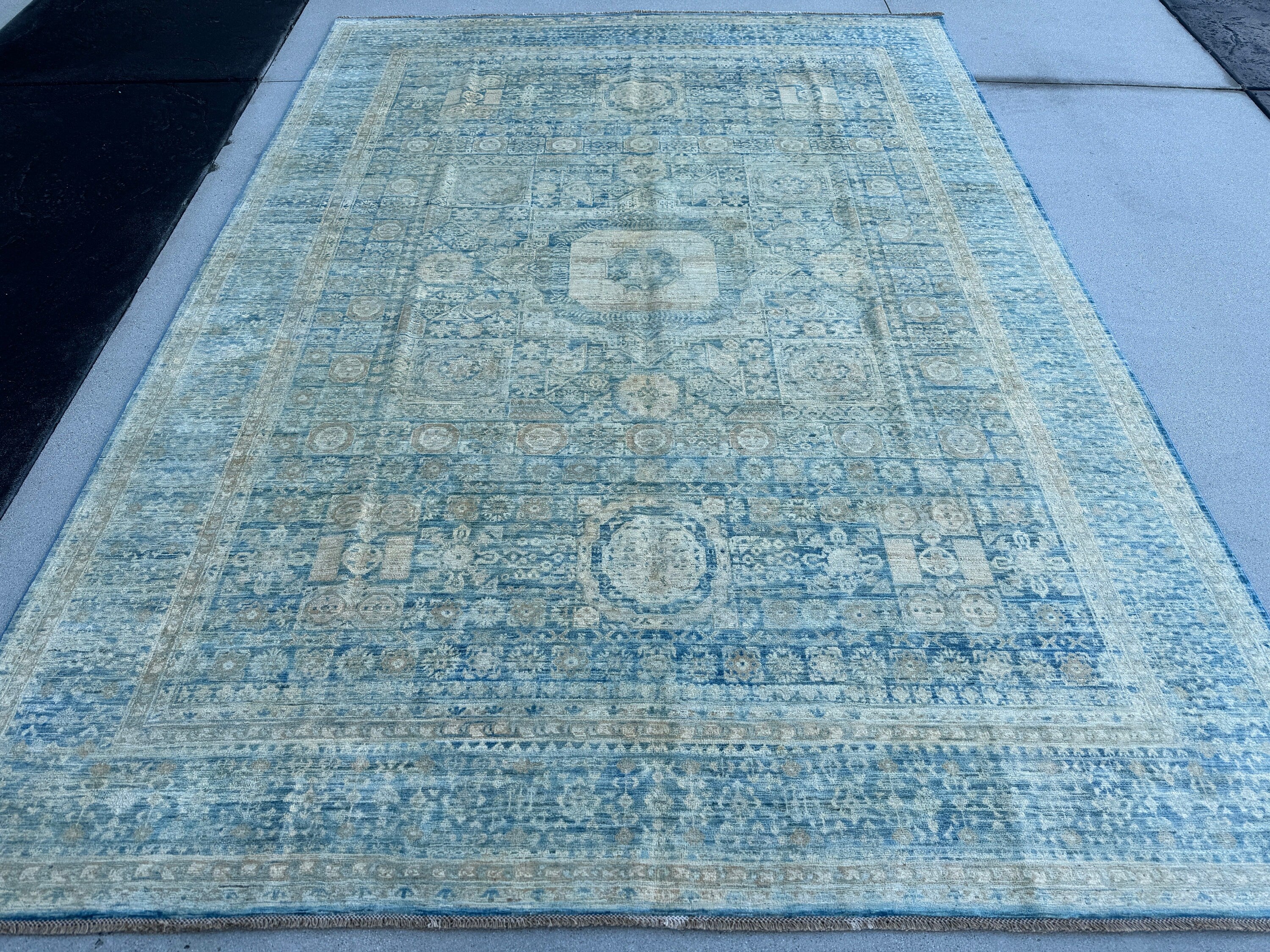 8x11 (240x300) Handmade Afghan Rug | Denim Slate Navy Blue Cream Gold Beige | Wool Mamluk Hand Knotted Egyptian Turkish Persian Geometric