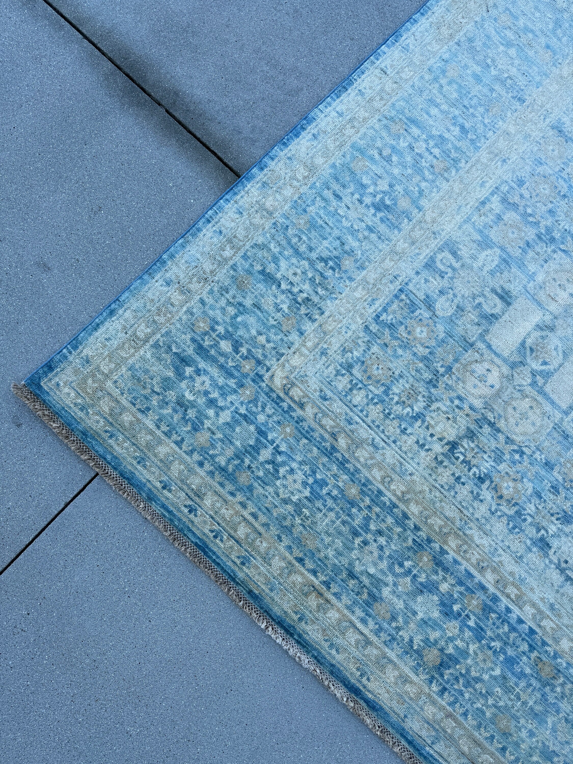 8x11 (240x300) Handmade Afghan Rug | Denim Slate Navy Blue Cream Gold Beige | Wool Mamluk Hand Knotted Egyptian Turkish Persian Geometric