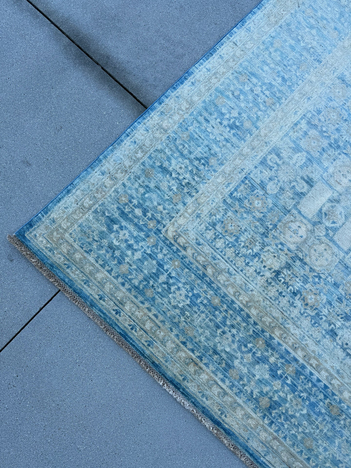 8x11 (240x300) Handmade Afghan Rug | Denim Slate Navy Blue Cream Gold Beige | Wool Mamluk Hand Knotted Egyptian Turkish Persian Geometric