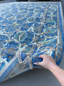 9x12 (274x365) Handmade Afghan Rug | Aqua Powder Blue Teal Cream Ivory Grey Gray Terracotta | Wool Hand Knotted Floral