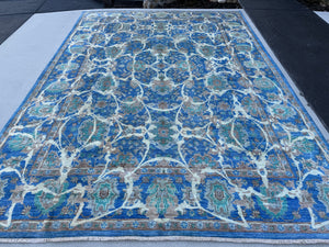 9x12 (274x365) Handmade Afghan Rug | Aqua Powder Blue Teal Cream Ivory Grey Gray Terracotta | Wool Hand Knotted Floral