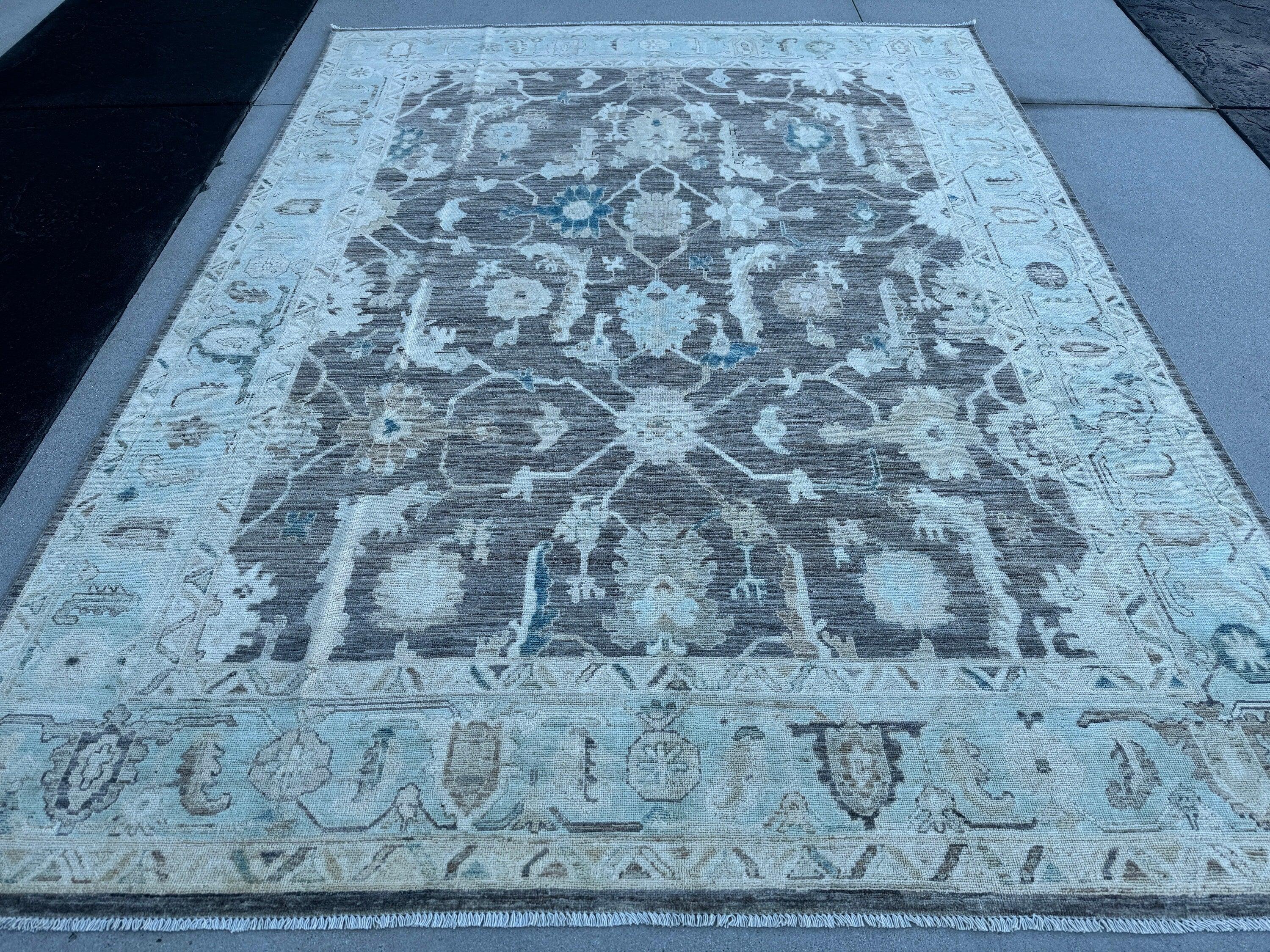 9x12 (270x365) Handmade Afghan Rug | Charcoal Grey Gray Baby Aqua Blue Cream Teal Taupe | Wool Oushak Hand Knotted Persian Floral