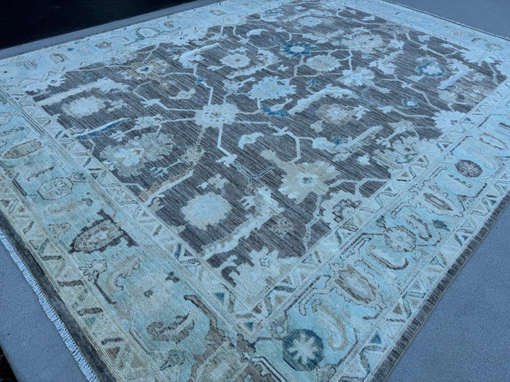 9x12 (270x365) Handmade Afghan Rug | Charcoal Grey Gray Baby Aqua Blue Cream Teal Taupe | Wool Oushak Hand Knotted Persian Floral