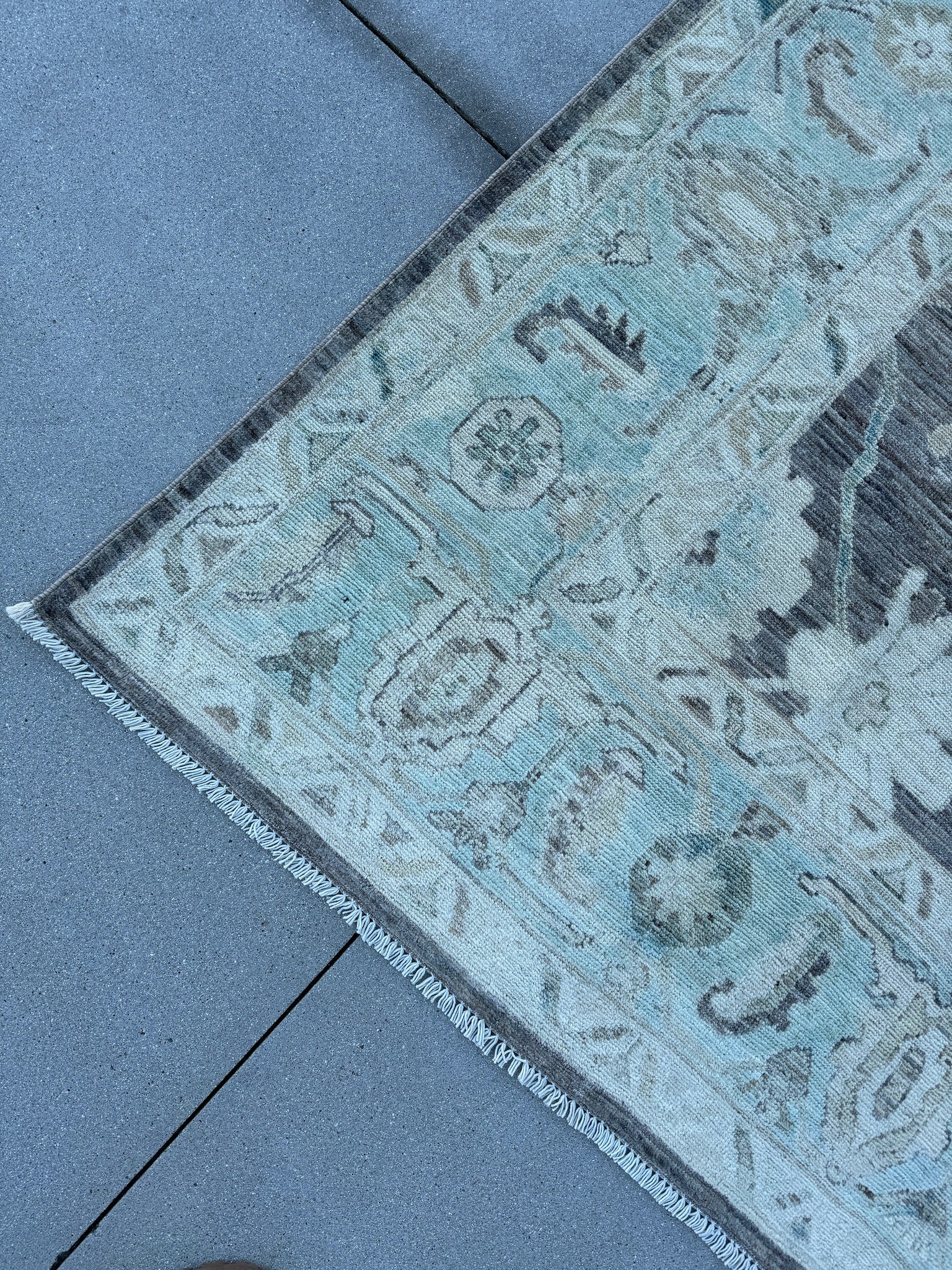 9x12 (270x365) Handmade Afghan Rug | Charcoal Grey Gray Baby Aqua Blue Cream Teal Taupe | Wool Oushak Hand Knotted Persian Floral