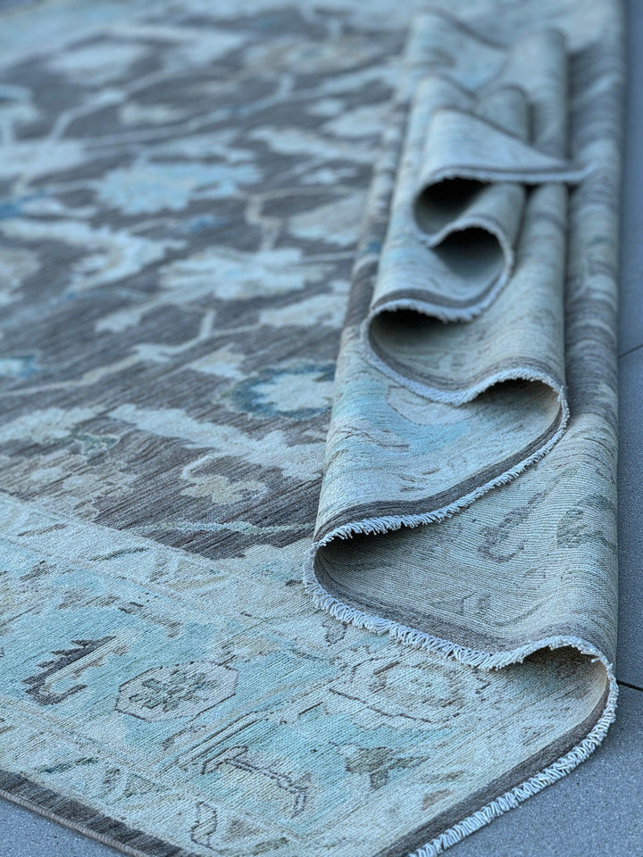 9x12 (270x365) Handmade Afghan Rug | Charcoal Grey Gray Baby Aqua Blue Cream Teal Taupe | Wool Oushak Hand Knotted Persian Floral