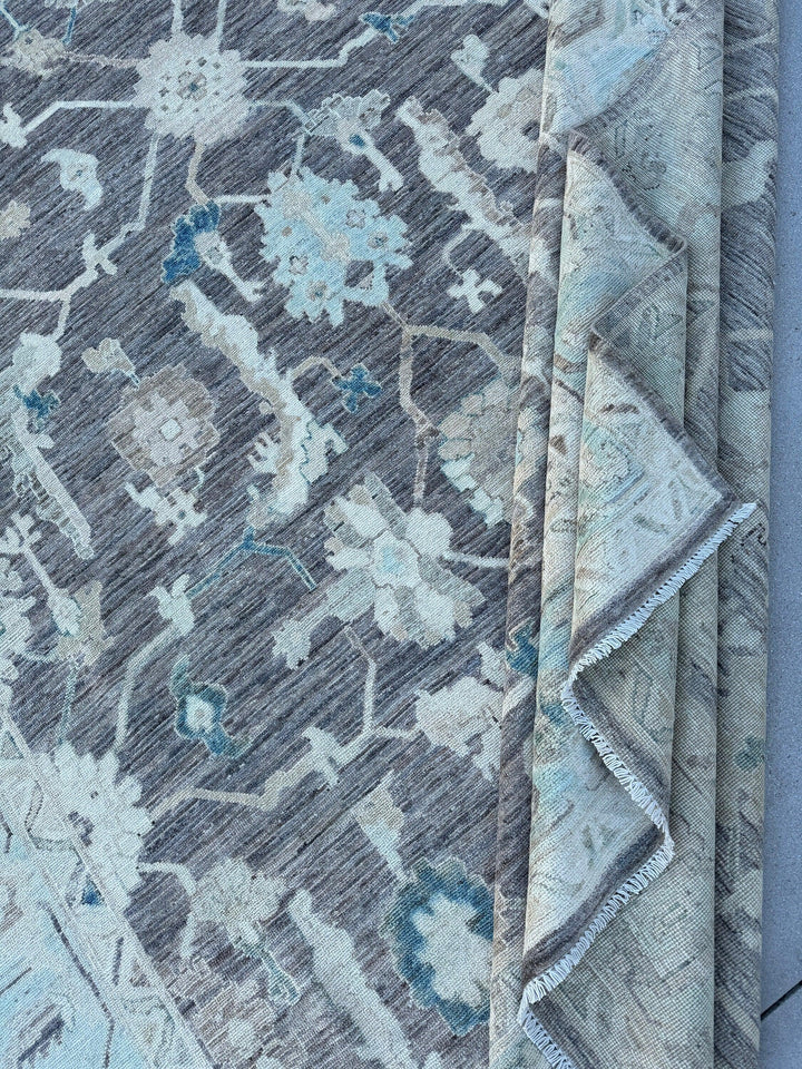 9x12 (270x365) Handmade Afghan Rug | Charcoal Grey Gray Baby Aqua Blue Cream Teal Taupe | Wool Oushak Hand Knotted Persian Floral