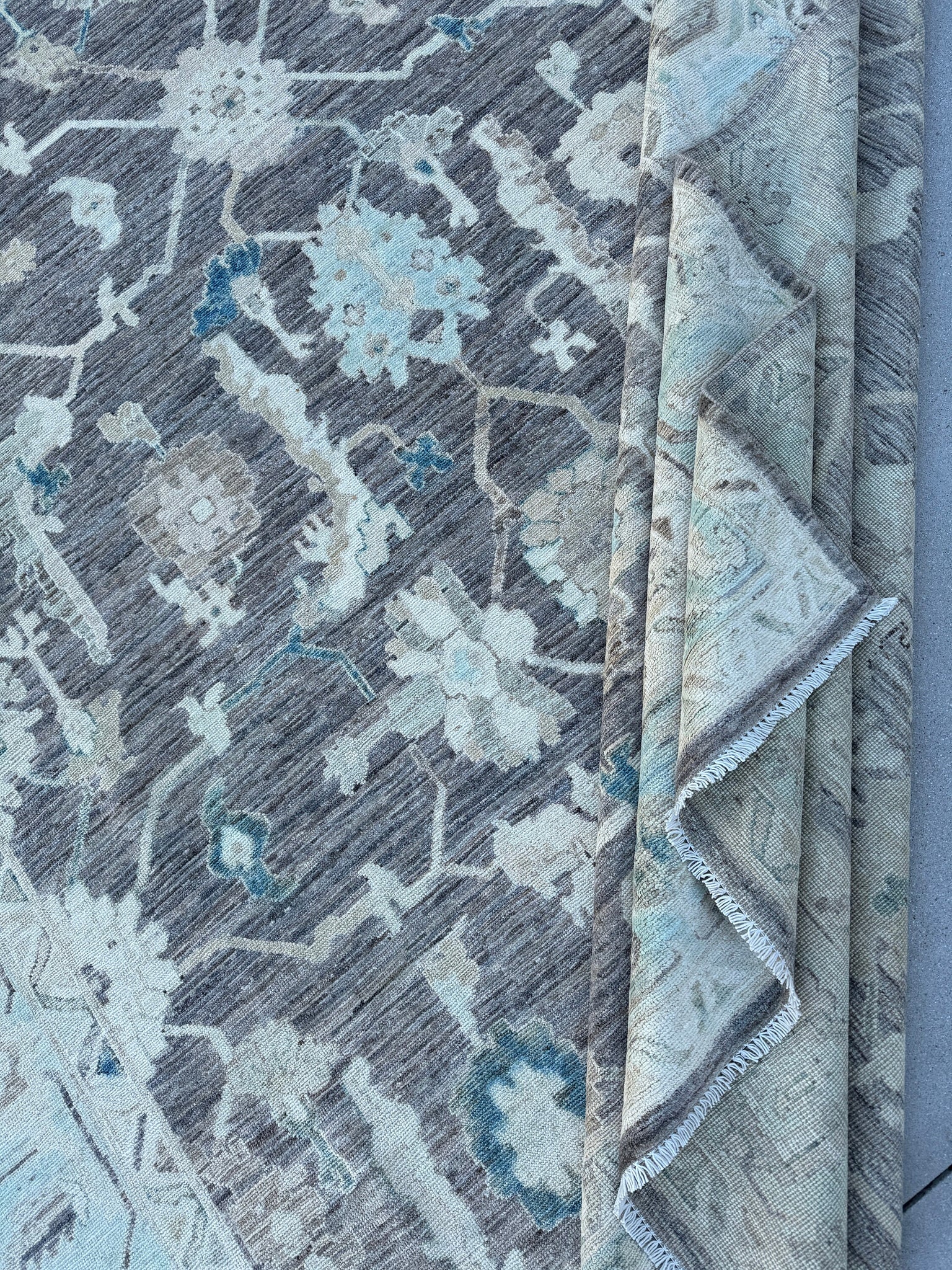 9x12 (270x365) Handmade Afghan Rug | Charcoal Grey Gray Baby Aqua Blue Cream Teal Taupe | Wool Oushak Hand Knotted Persian Floral