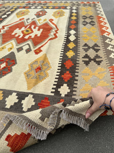 5x7 Handmade Afghan Kilim Rug | Cream White Sand Beige Taupe Brick Red Charcoal Grey Black Mustard Yellow | Wool Flatweave