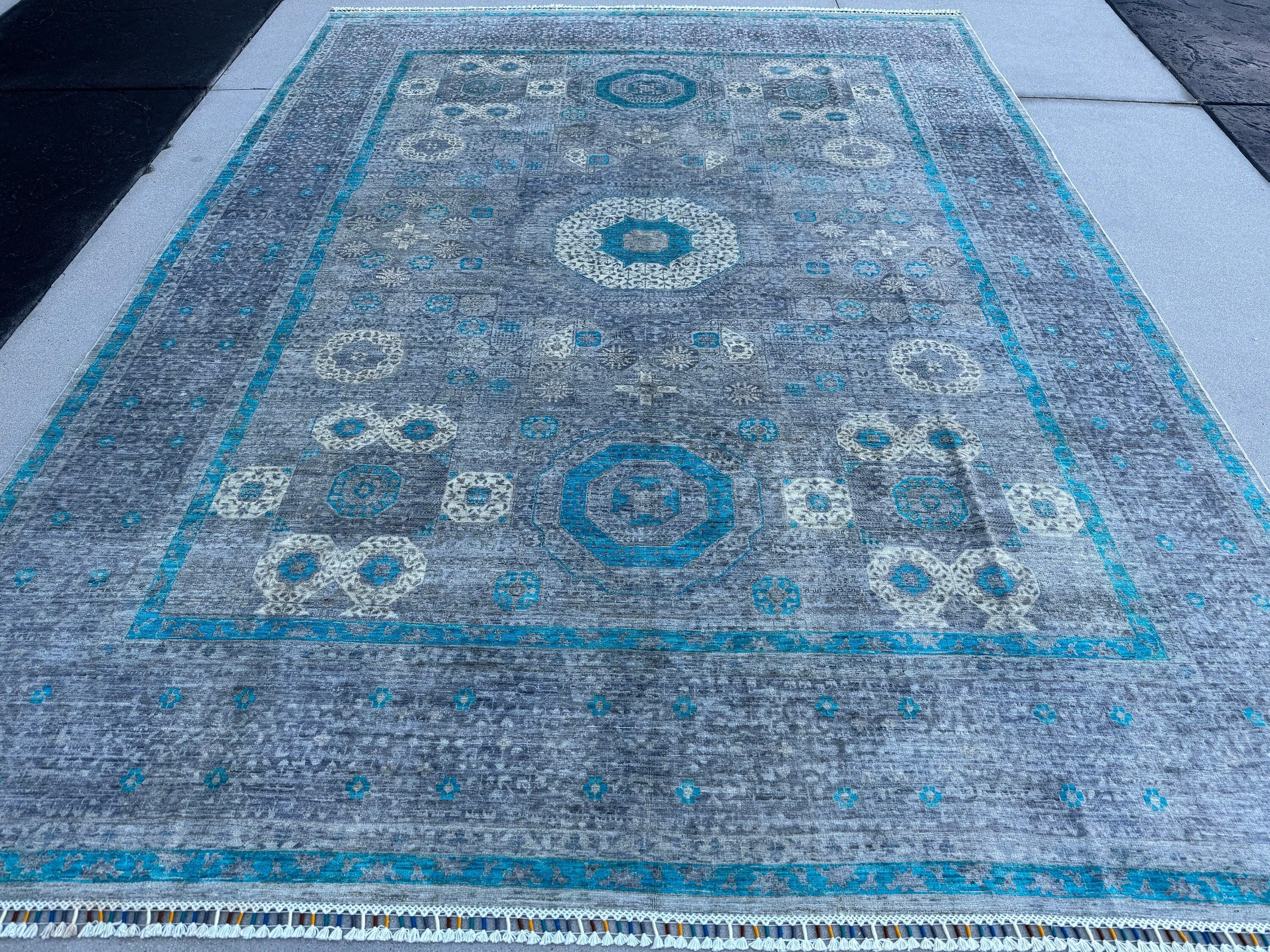 9x12 (270x365) Handmade Afghan Rug | Grey Gray Turquoise Silver Aqua Powder Blue Ivory | Wool Mamluk Hand Knotted Medallion Egyptian