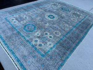 9x12 (270x365) Handmade Afghan Rug | Grey Gray Turquoise Silver Aqua Powder Blue Ivory | Wool Mamluk Hand Knotted Medallion Egyptian