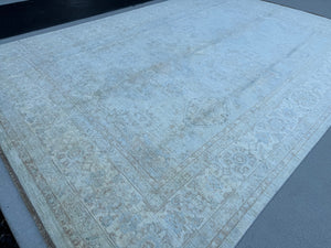 9x13 Handmade Afghan Rug | Neutral Muted Cream Beige Gold Denim Powder Blue | Wool Hand Knotted Floral Ornate Turkish Persian Borders