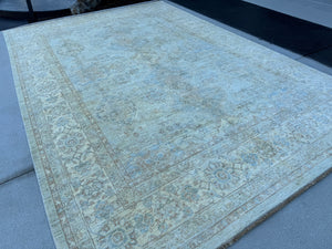 9x13 Handmade Afghan Rug | Neutral Muted Cream Beige Gold Denim Powder Blue | Wool Hand Knotted Floral Ornate Turkish Persian Borders