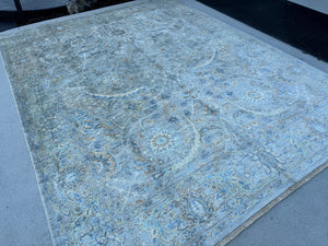 8x11 (240x300) Handmade Afghan Rug | Neutral Cream Ivory Gold White Grey Gray Denim Sky Blue Beige | Wool Hand Knotted Floral