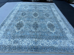 9x12 (270x365) Handmade Afghan Rug | Grey Gray Slate Denim Baby Powder Blue Cream Ivory White Silver | Wool Hand Knotted Floral