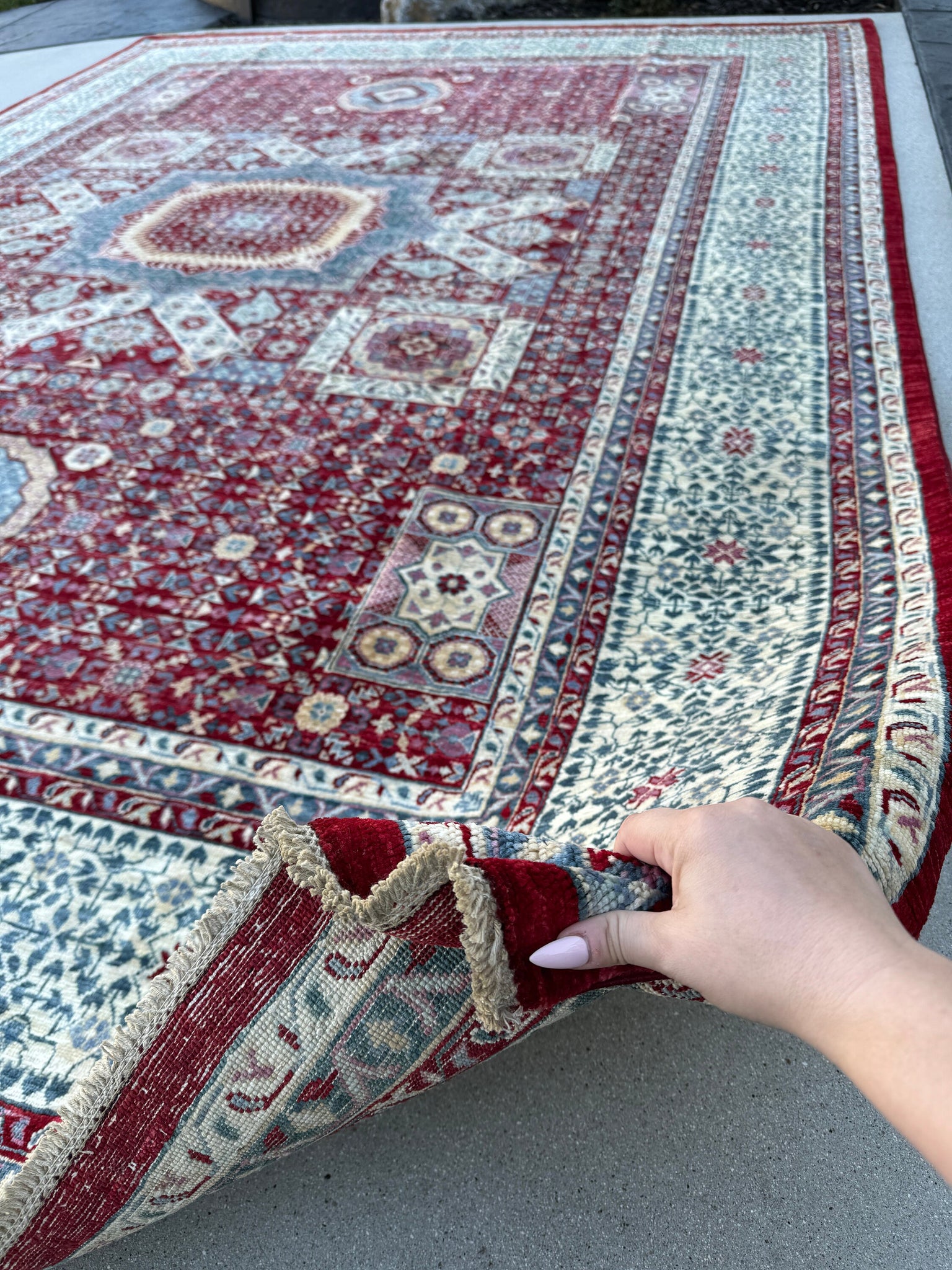 8x11 (240x300) Handmade Afghan Rug | Blood Wine Red Burgundy Ivory Denim Baby Blue Cream Grey Gray | Wool Mamluk Hand Knotted Medallion