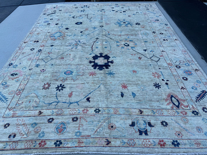 9x12 (270x365) Handmade Afghan Rug | Cream Navy Blue Powder Blue Blush Pink Crimson Red Sage Green Peach Ivory Grey Gold Wool Oushak Floral