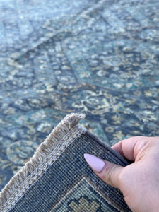 9x12 (270x365) Handmade Afghan Rug | Denim Powder Slate Blue Teal Sage Green Charcoal Grey Gray Beige Ivory | Wool Floral Geometric