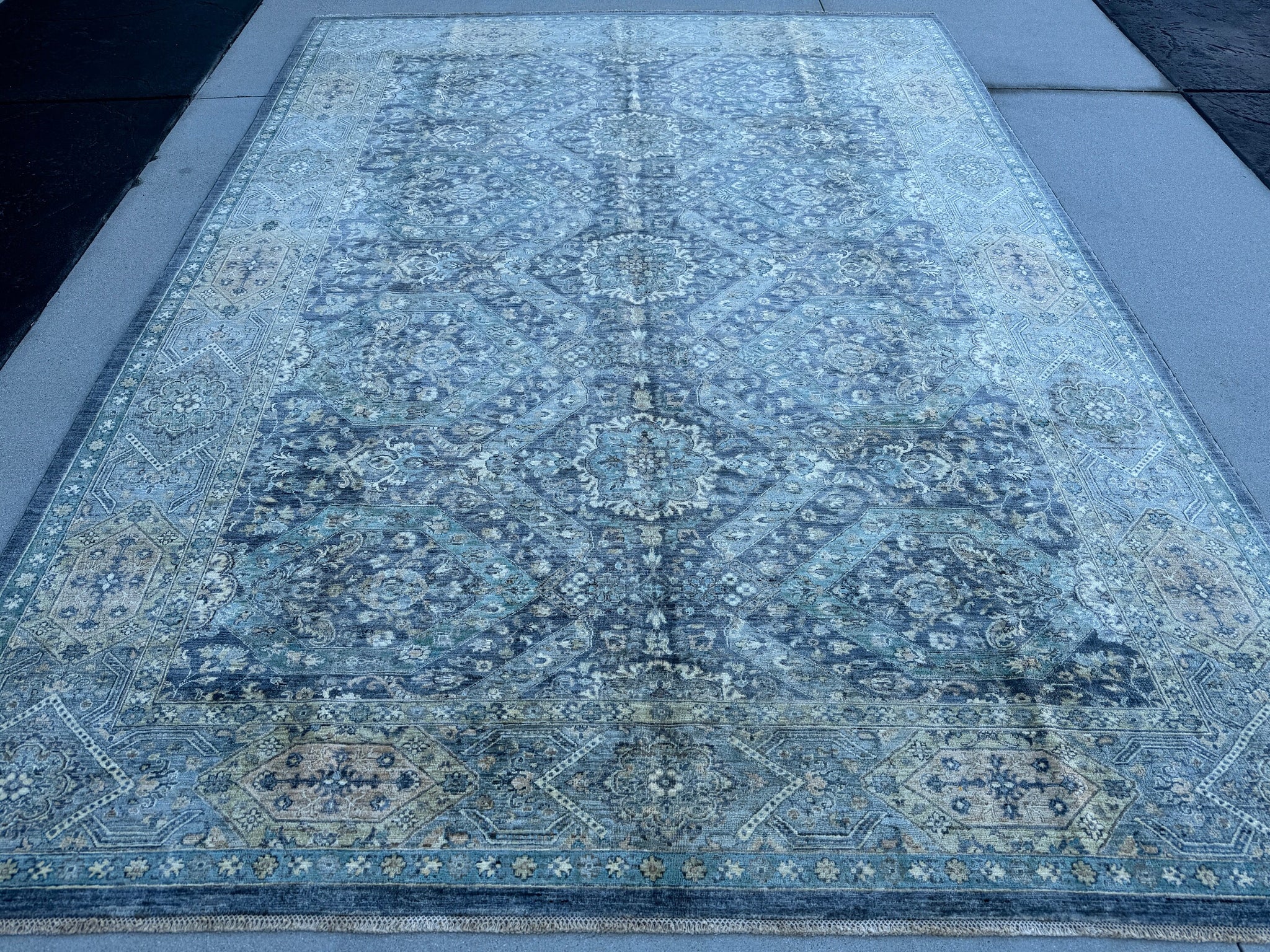 9x12 (270x365) Handmade Afghan Rug | Denim Powder Slate Blue Teal Sage Green Charcoal Grey Gray Beige Ivory | Wool Floral Geometric