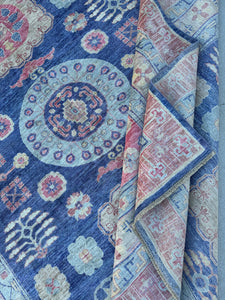 9x11 (275x335) Handmade Afghan Rug | Navy Powder Blue Beige Rose Fuchsia Pink Cornsilk Ivory Gold Teal Sand